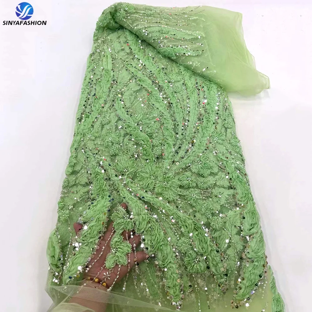 

Sinya African 3D Wedding Dress Lace 5 Yards Green French Tulle Sequins Luxury Beaded Pearls Bridal Lace Fabric