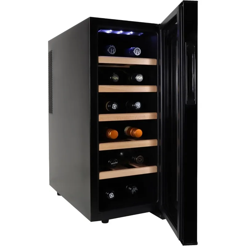 

Deluxe 12 BottleRefrigerator Wine Cooler with Beech Wood Racks, Black, Thermoelectric Wine Fridge Freestanding