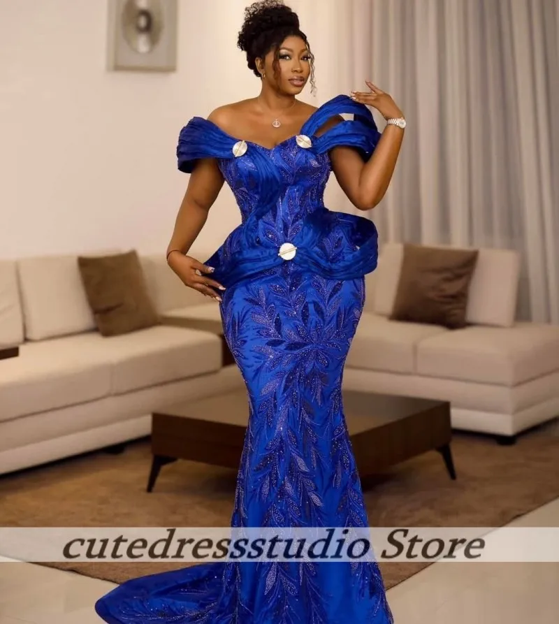 

Royal Blue Mermaid Evening Dress Elegant Sequins Party Prom Dresses For Women Off The Shoulder Vestidos De Fiesta Customized