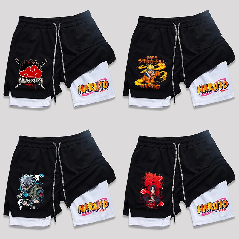 Narutoed Sportshorts für Erwachsene, niedlicher Cartoon-Druck, doppellagige Gym-Shorts für Herren, Sommer, schnell trocknend, bequem, leicht, Strandshorts, Geschenke
