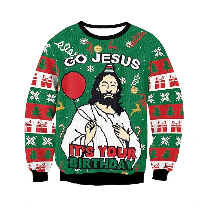 2024 Women Funny Christmas Sweatshirt Full Print Jesus Graphic Pullovers Hoodie Christmas Clothes Mens Plus Size Hoodies