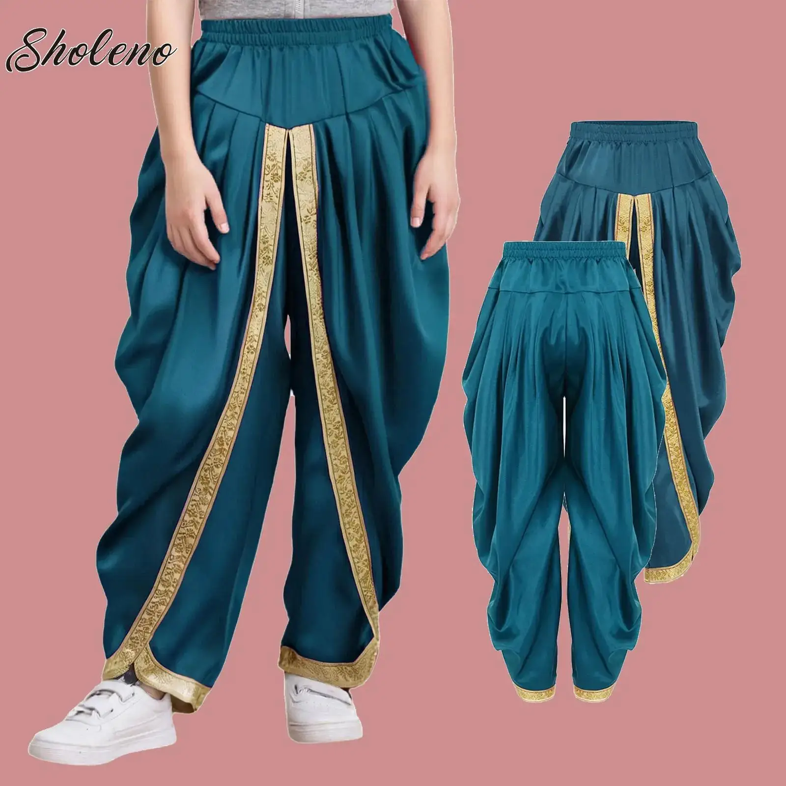 

Kids Boys Fairy Tales Arab Prince Pants Satin Indian Dhoti Draped Baggy Trousers Cosplay Halloween Carnival Theme Party Costume