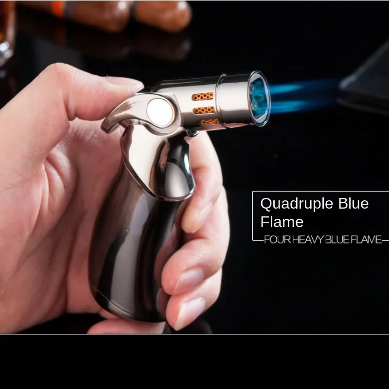 JOBON Creative Metal Blue Quad Torch Direct Gas Lighter Turbo Cigar BBQ Outdoor Windproof Spray Gun Tool Business Use With box