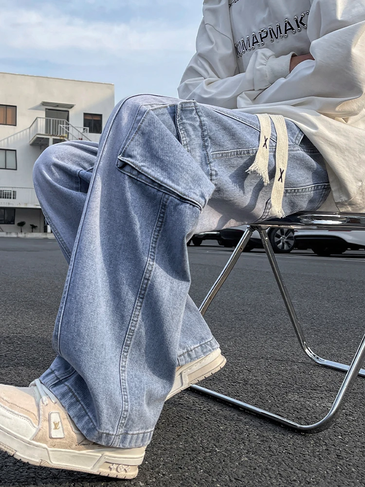 

American Sle Loose Straight Leg Jeans Men's New 2026 Spring Summer Trendy Casual Wide Leg Pants Workwear Light Blue
