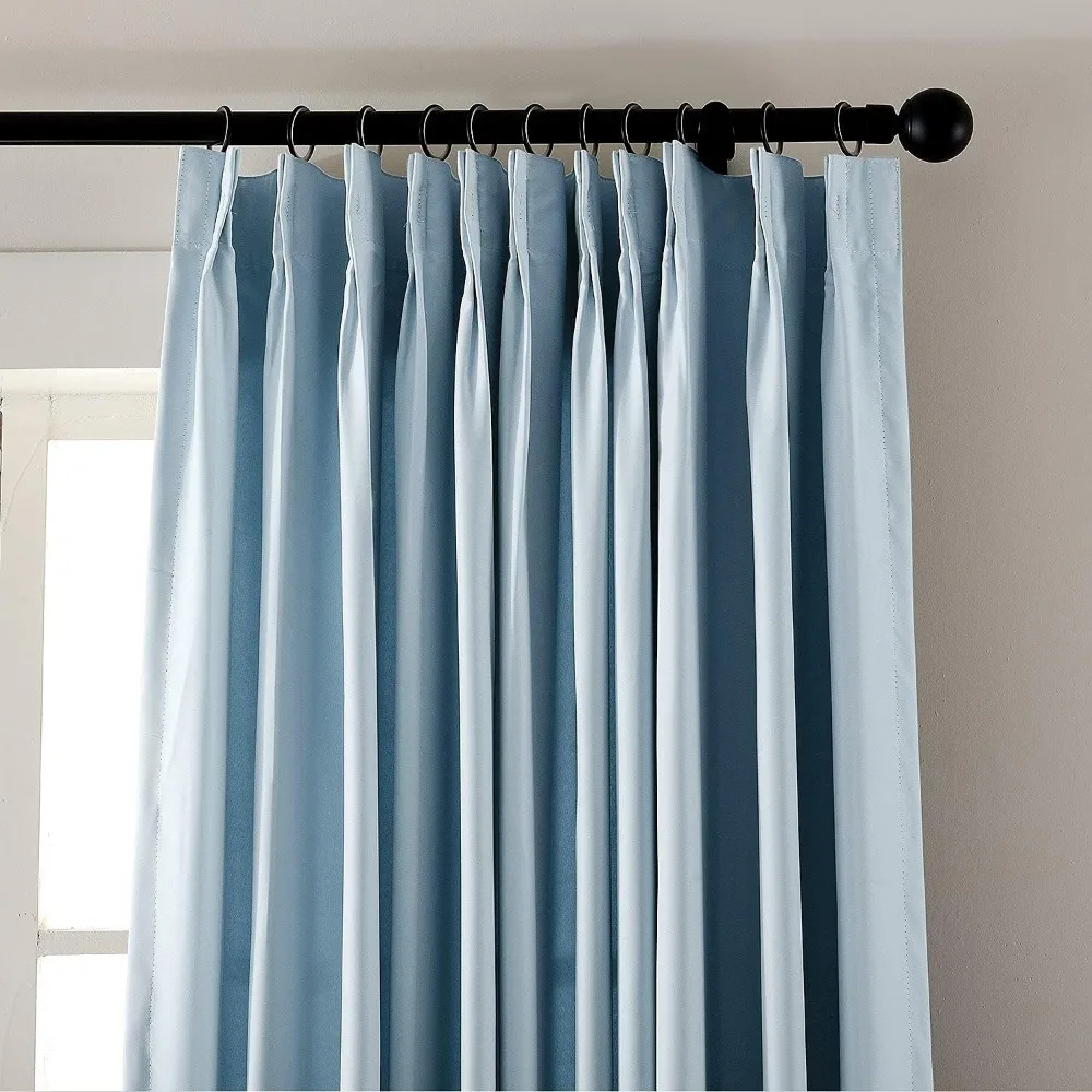 Double Pinch Pleated Curtains Hooks for Living Room Bedroom Bungalow, Light Blue Window Curtains, Wide Size Options for Home Dec
