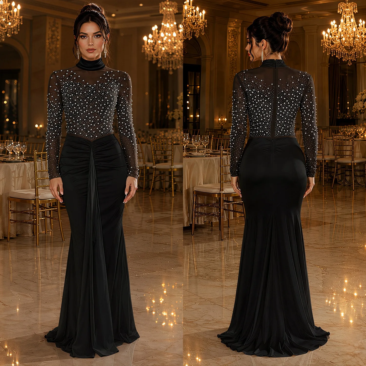 High-Neck Mesh Pearl Rhinestone Long-Sleeve Gown for Banquets, Light Luxury Dress