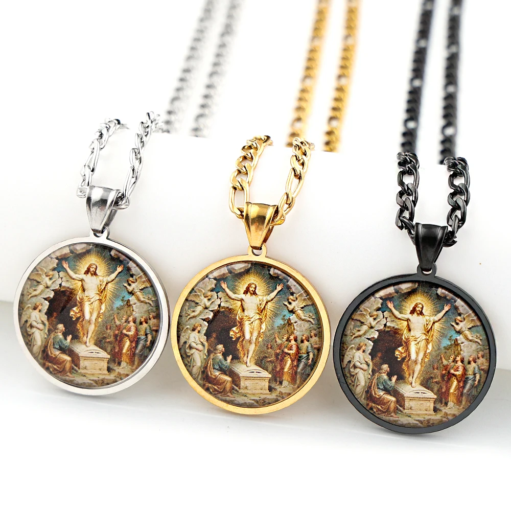 Resurrection of Jesus Glass Round Medal Pendant Necklace Women Men Stainless Steel Gold Plated Christian Amulet Chain Jewelry