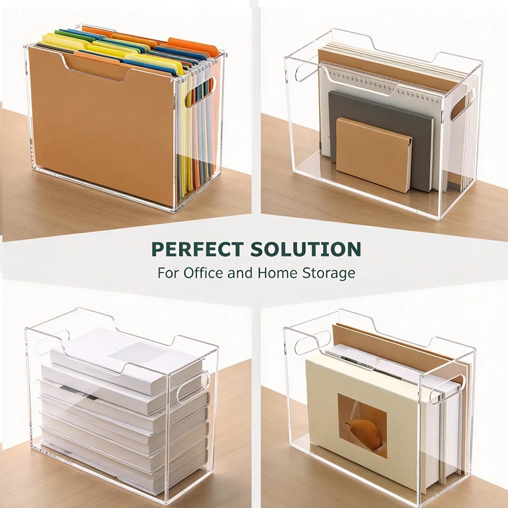B50B-Acrylic Hanging File Organizer Box With Handles, Letter Size Clear Storage Folder Box Magazine Holder, Desktop