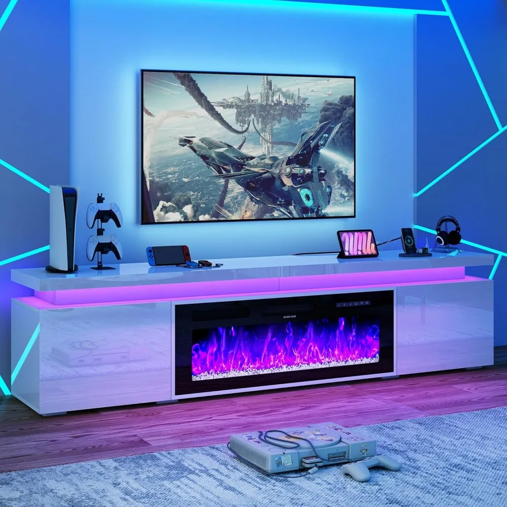 

TV Stand for 95 TV, 83 LED TV Stand with 40 Electric Fireplace & Power Outlet, High Gloss Surface, 2 Storage Cabinets