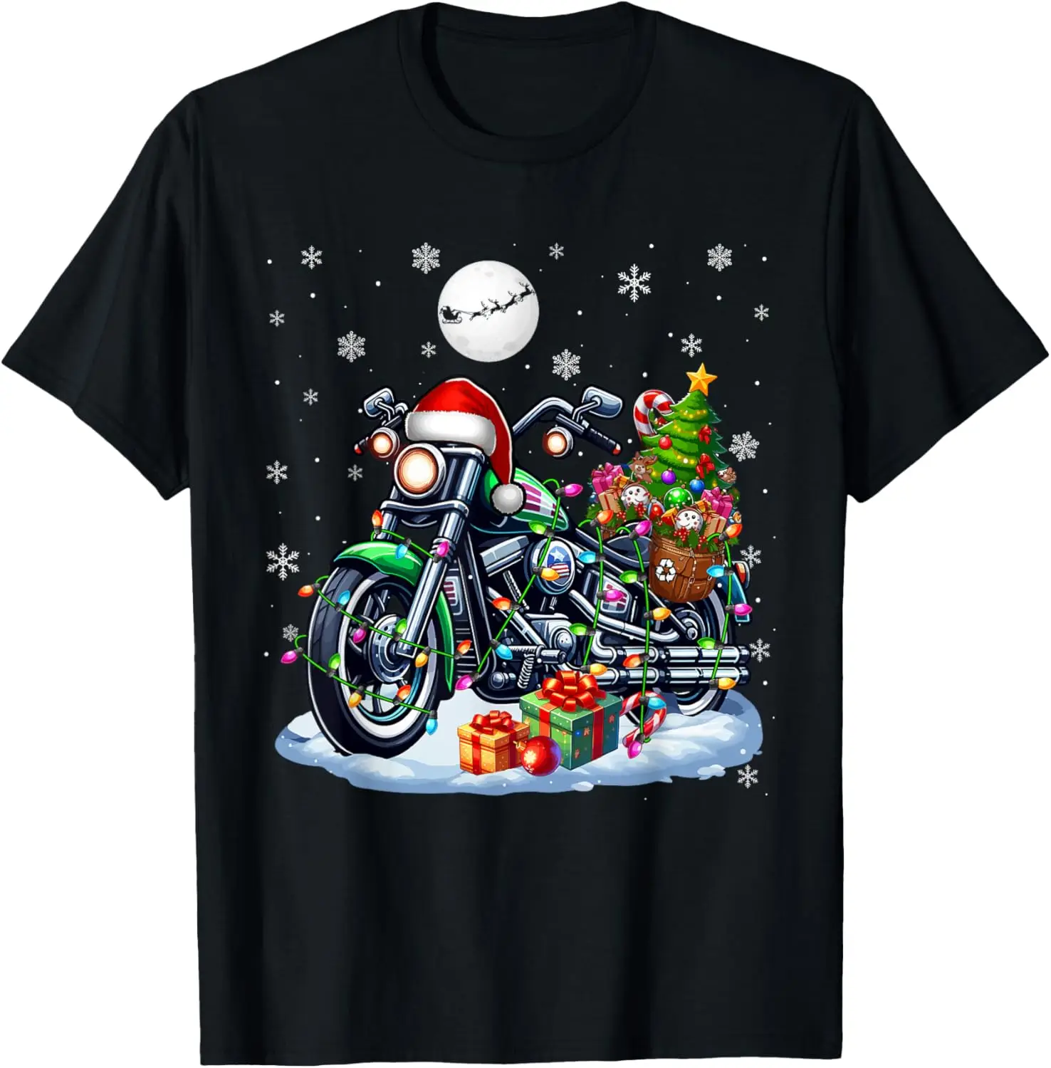 サンタ オートバイ カラフル ライト クリスマス バイカー ラバー T シャツ