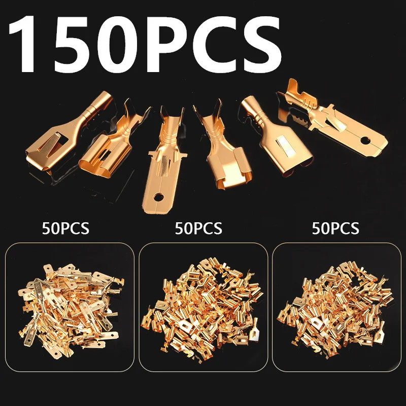 150pcs 6.3mm Male & Female Spade Quick Connect Crimp Terminals - Non-Insulated Brass Spade Connectors for Electrical Wiring, Rel