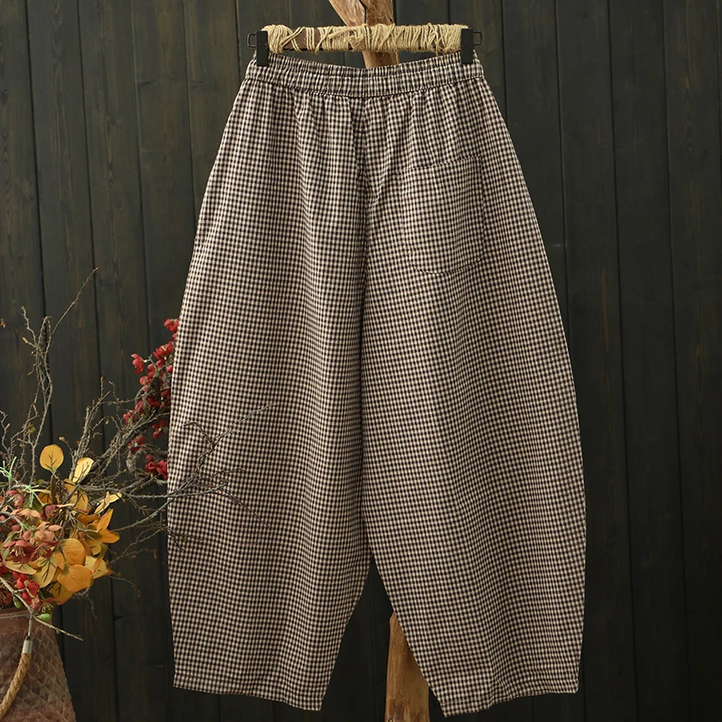 Women Casual Harem Pants New Arrival 2026 Summer Vintage Style Plaid Pattern Loose Comfortable Female Cotton Trousers M2407