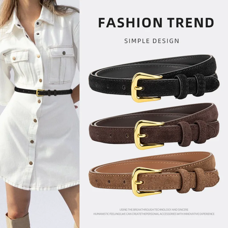 

New Retro Suede Leather Gold-buckle Pin Buckle Belt for Ladies Paired with Dress Jeans and Decorative Accessories Belt for Women