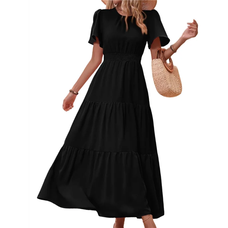 Women's Summer Casual Short Flutter Sleeve Round Neck Smocked Waist Tiered Boho Floral Flowy Maxi Dress-A55G