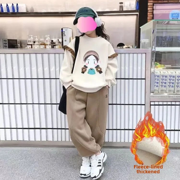 مجموعة الخريف للأطفال مبطنة بالصوف كم طويل بلوزات 2024 نمط جديد عادية رياضي 2 قطعة مجموعة للفتيات