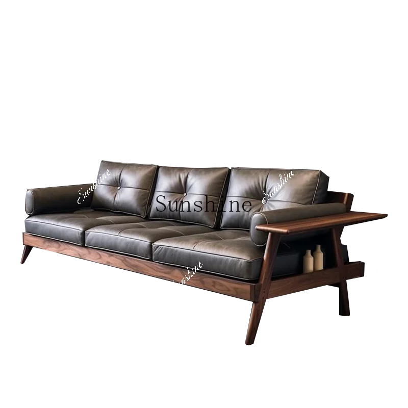 Sofa living room New Chinese leather art light luxury high-end walnut three-person sofa  FT