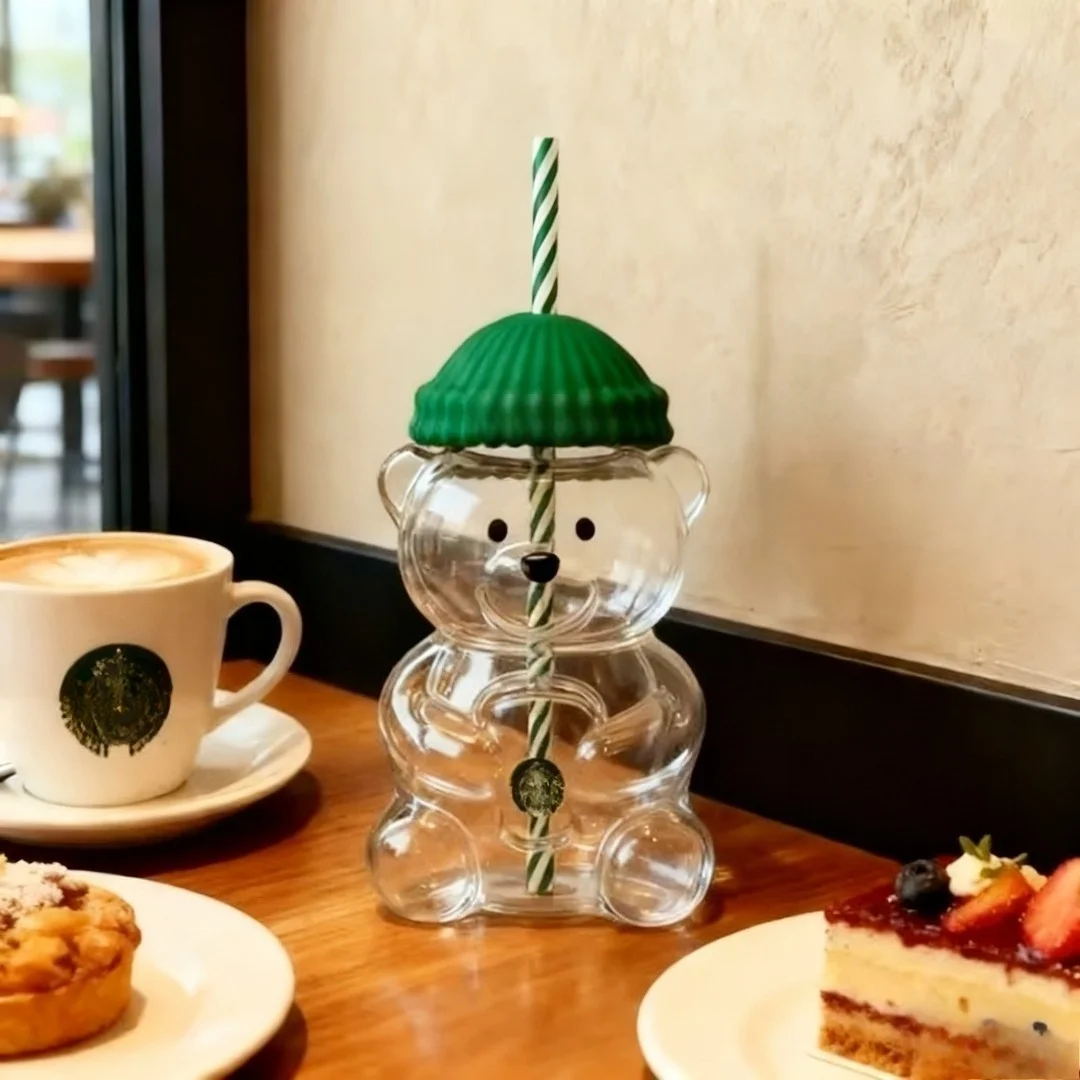 

Bear shaped Transparent Glass Bottle - Cute Animal Beverage Cup with Green Lid and Striped Straw, Holiday Christmas Gift
