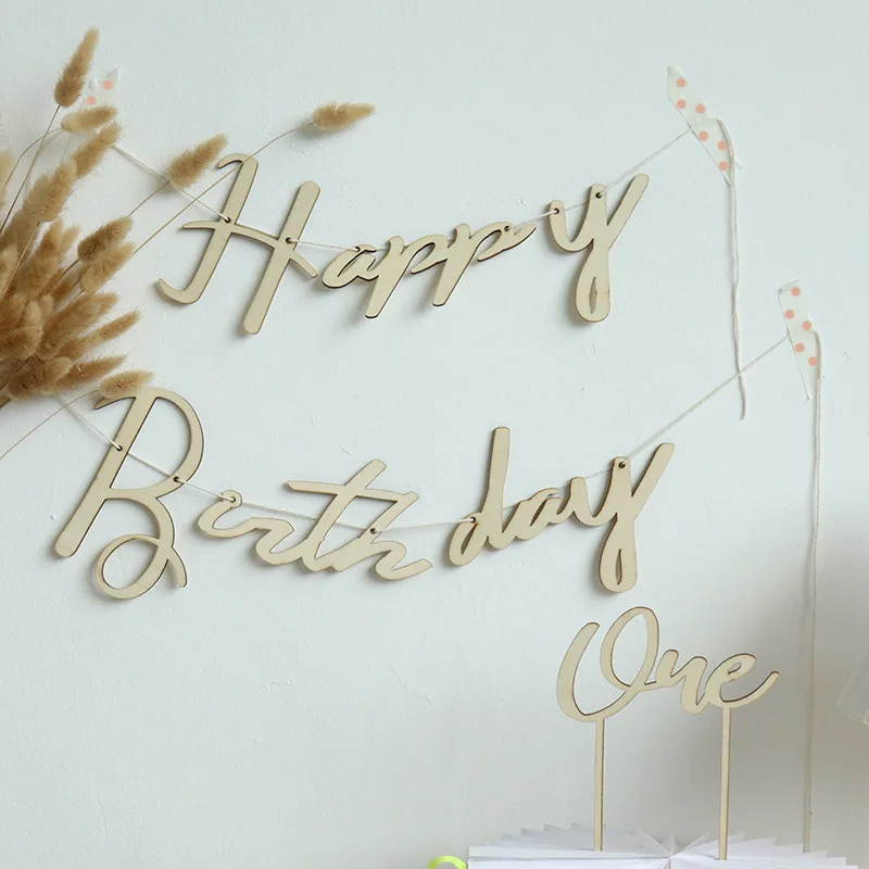 1 Set INS Wooden Happy Birthday Banners Garland Flags for Birthday Party Decoration Baby Shower Photo Booth Hanging Decoration