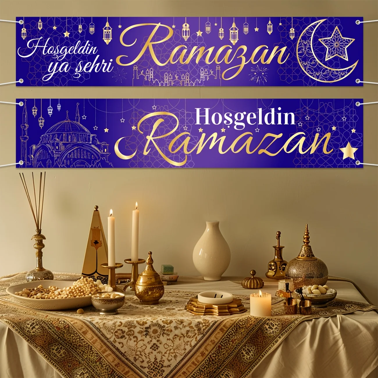 2Pcs Eid Decorations Hosgeldin ya sehri Ramazan Banner Ramadan Mubarak Yard Banner Hoşgedin Ramazan Islam Banner Deko Ramadan