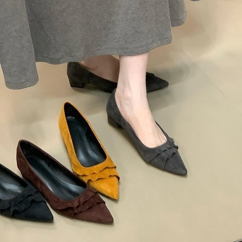 Women's Pointed Toe Shallow Suede Soft Sole Non-slip Wear-resistant Fungus Edge Low Heel Single Shoes