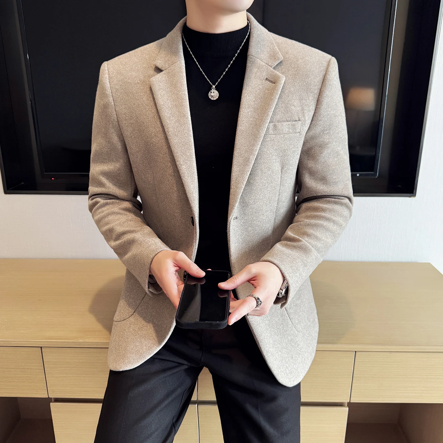 

Autumn Winter Wool Woolen Suit Jacket Men's Fashion Casual Suit Jackets Men's Korean Slim Fit Business Wedding Groom Blazers