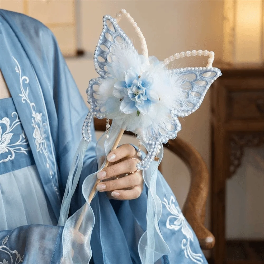 Elegant Chinese Style Retro Butterfly Fan Traditional Fluffy Silk Flower Fan Decorative Ancient Fairy Fan Photography Prop