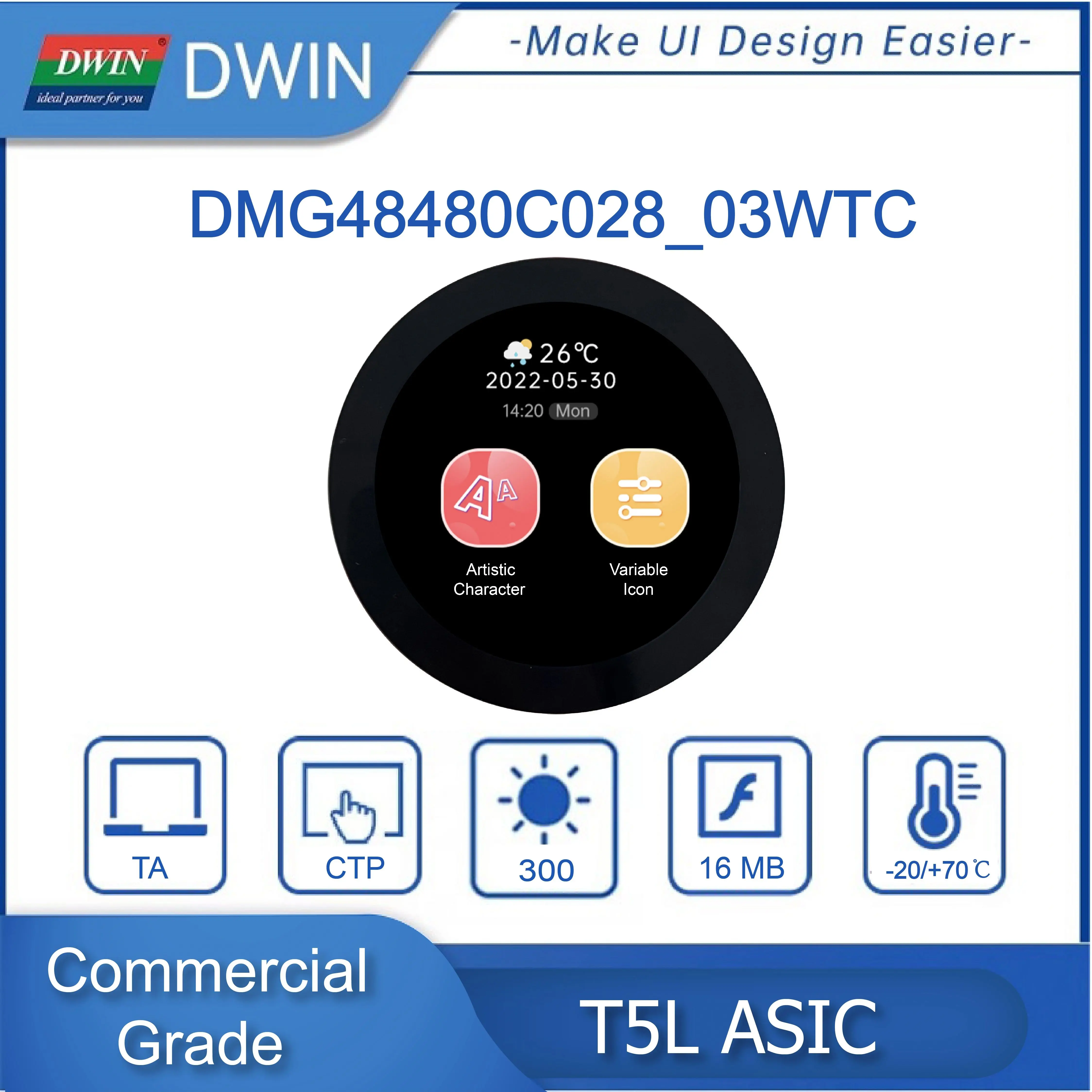 DWIN 2.8 Inch 480*480 Circular Smart Screen Commercial Grade IPS-TFT-LCD Full-laminated Capacitive Touch Panel DMG48480C028_03W