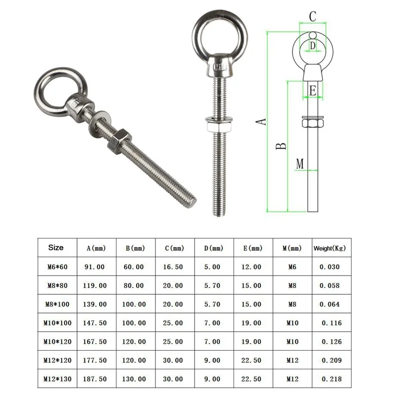 5 Pieces JIS1169 Long Shoulder Lifting Eye Bolt With Nut Ring Loop Hole 316 Stainless Steel M6 M8 M10 M12