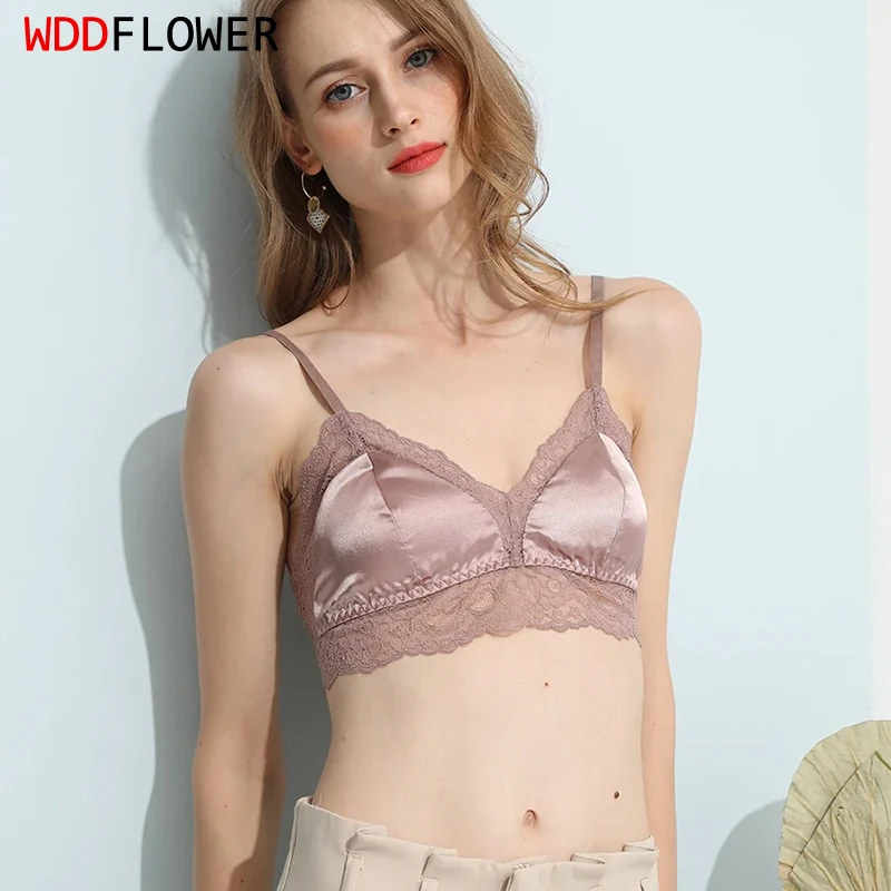 1pc 100% Silk Lining Sexy Triangle Thin Type Lace Trim Wireless Bra Bralette Removable Pads SG404