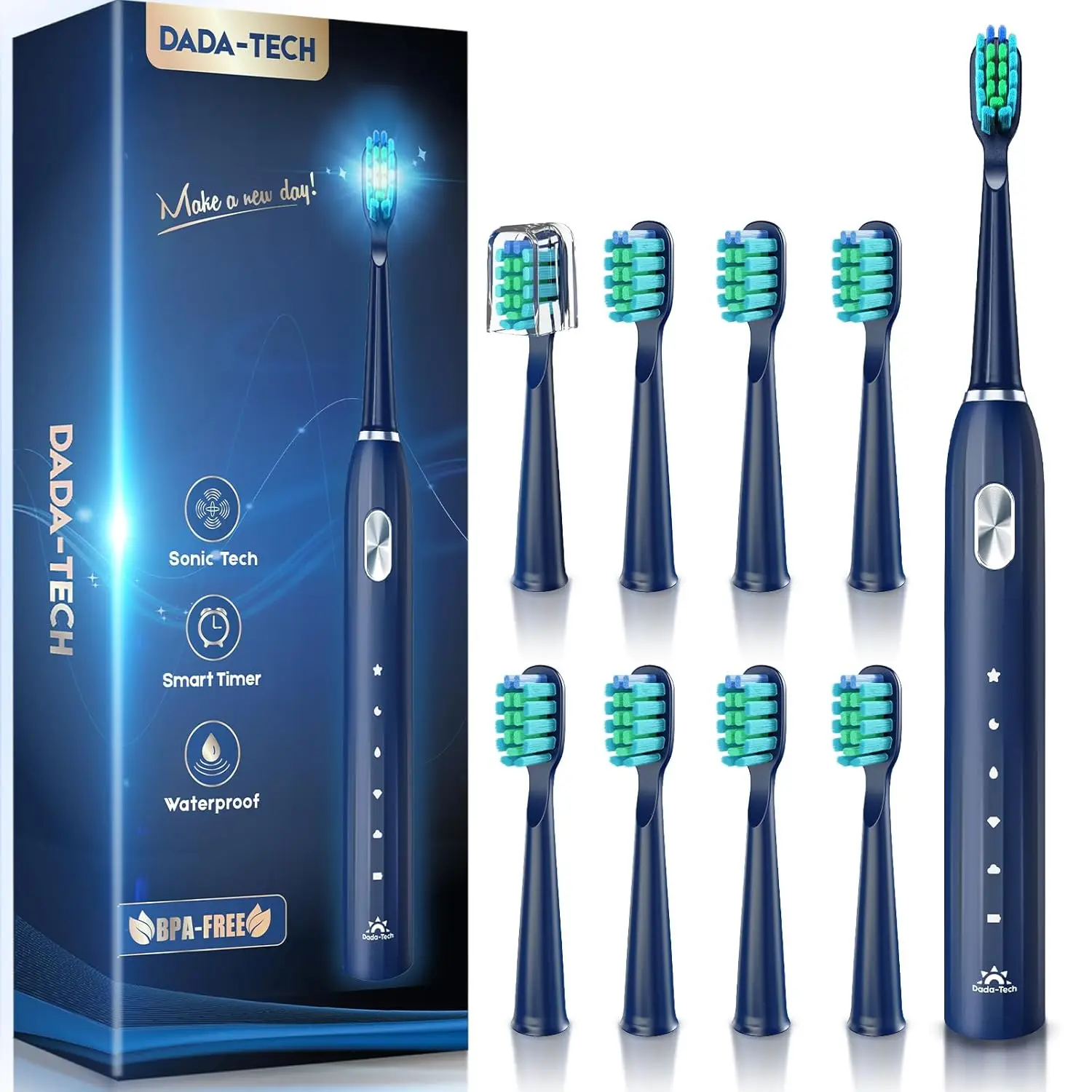 

Rechargeable Sonic Electric Toothbrush for Adults and Kids with Timer, 9 Brush Heads, 5 Modes, 60-Day Battery Life in Blue