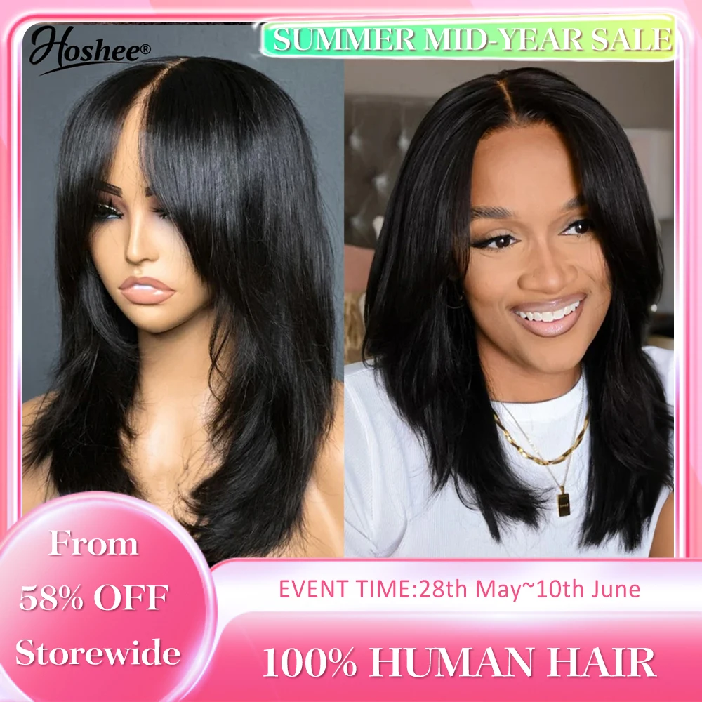 

Wear And Go Wig With Layered Bang Glueless Ready To Wear Straight 13x4 lace Human Hair Wigs For Women 4x4 Lace Closure Wig 250%