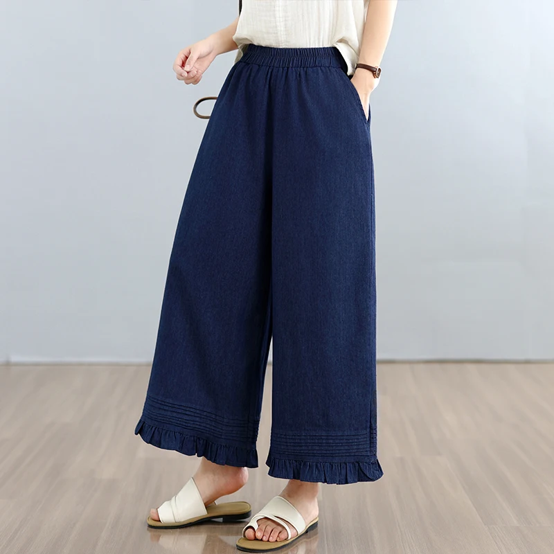 Summer Thin Wide Leg Jeans Women's Loose Fit Multi-Layer Pleated Denim Pants Natural Waist Cotton Polyester Blend Non-Stretch