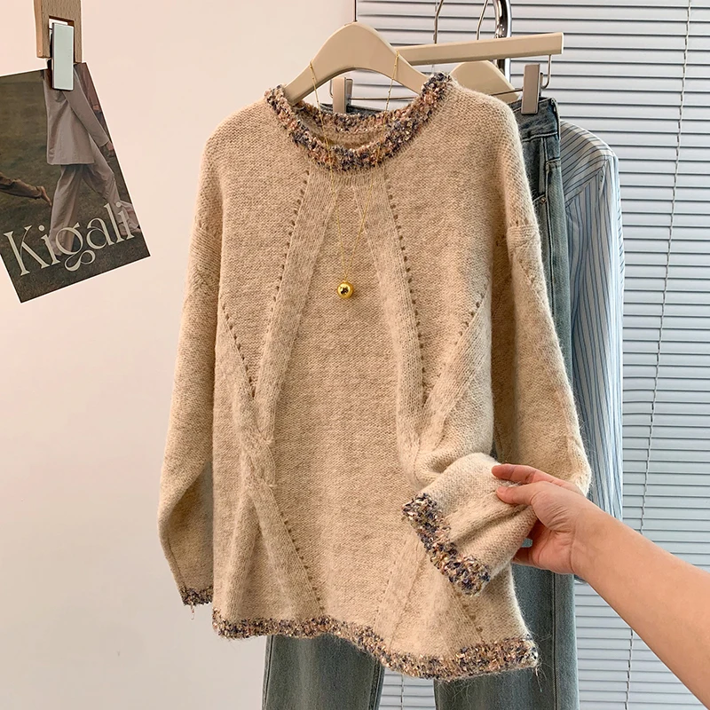 سترة غير رسمية للنساء 2025 جديدة بأكمام طويلة ورقبة دائرية بلوفرات متماسكة دافئة لخريف وشتاء ملابس كورية