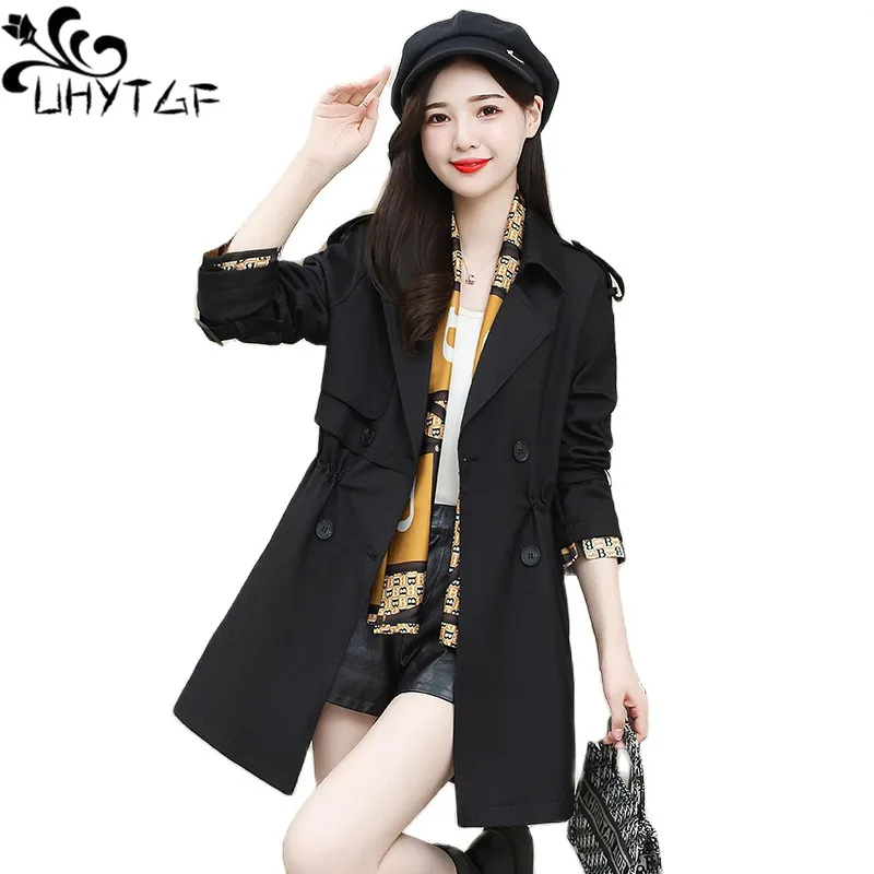 

UHYTGF Fashion Windbreaker Womens Solid Double Breasted Korean Spring Autumn Coats Female Casual Ladies Trench Outerwear 3XL 150