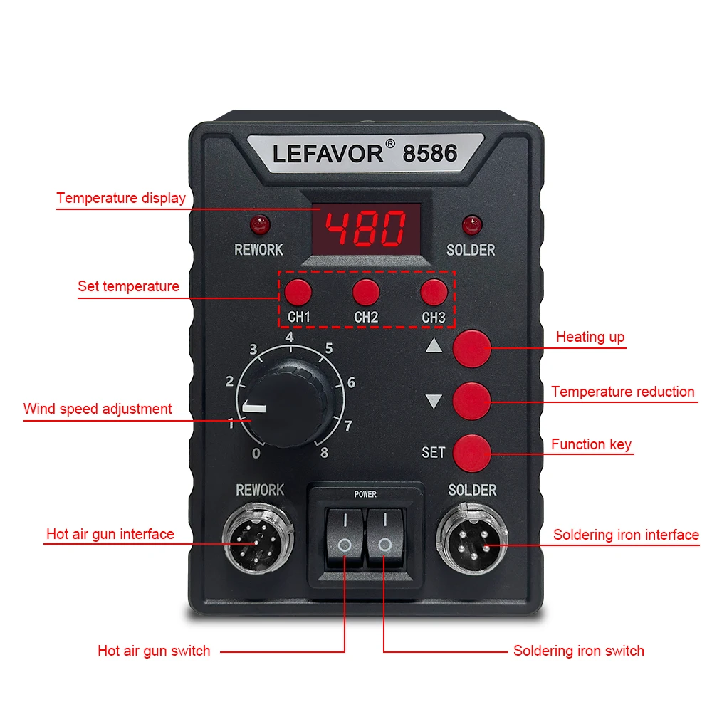 Lefavor 8586 Soldering Station 2 IN 1 Hot Air Gun Solder Station with 3 temperature records Hot Air Gun Solder Iron Welding tool