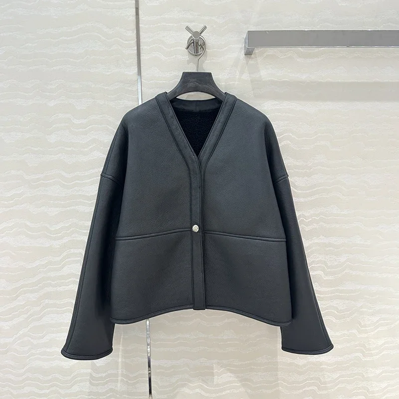 Fur Coat LL-W* 2024AW New Outerwear Top Leather Vintage V-Neck Cardigan Jackets Woman's Coats Y2K Women's Clothing
