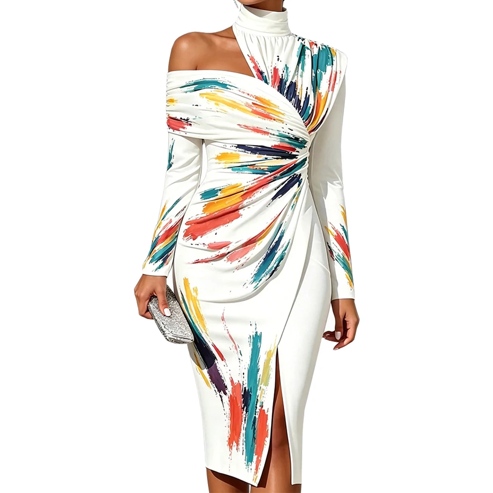 

Women's Elegant Colorful Brush Print Bodycon Midi Dress Off Shoulder Asymmetrical Neck Long Sleeve Ruched Slit Party Dresses