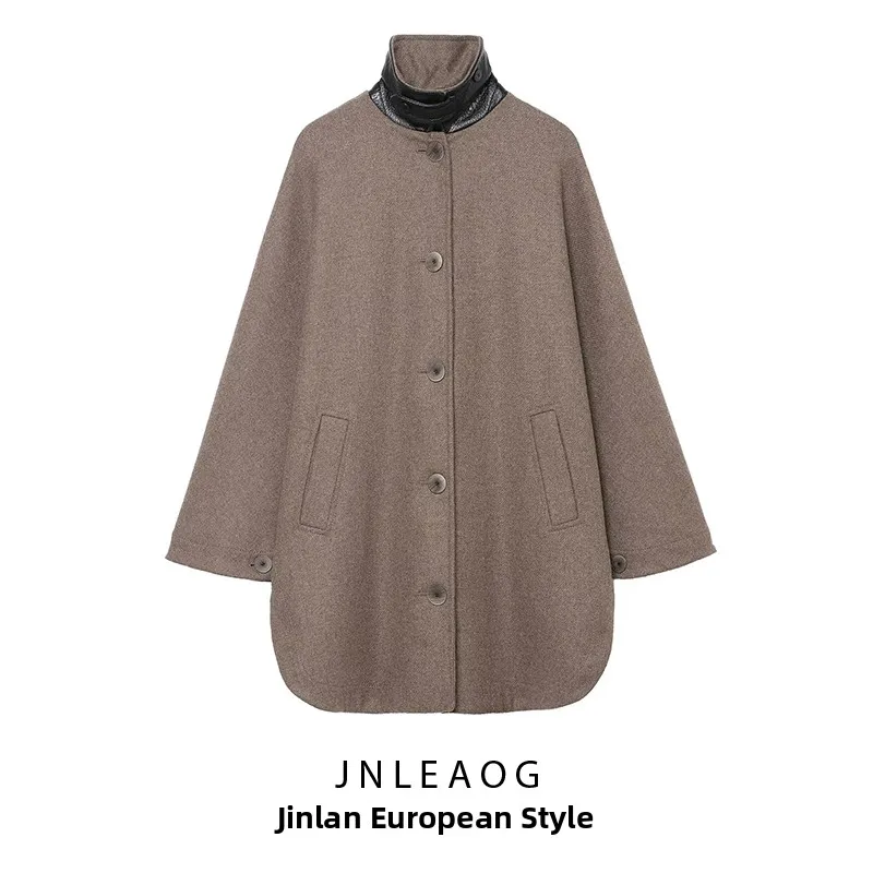 

Faionable Mixed Media Overcoat Jaet Women's Autumn New Sle Color Blo Collar Decorative Layering Long Sve Coat