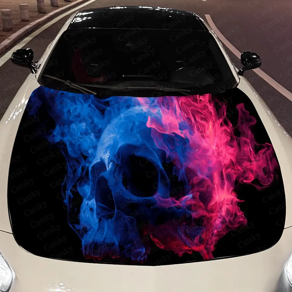 

Two - Tone Flame Skull Auto Cover Sticker, Waterproof and Self-adhesive Auto Hood Decal, Auto Vinyl Wraps, Cool Car Exterior Dec