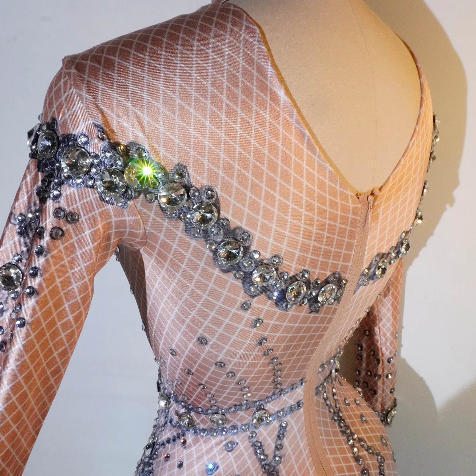 Mono con estampado de diamantes para mujer, ropa Sexy de manga larga para fiesta en club nocturno, ropa de cumpleaños, leotardo para celebración, baile en barra, espectáculo de Festival