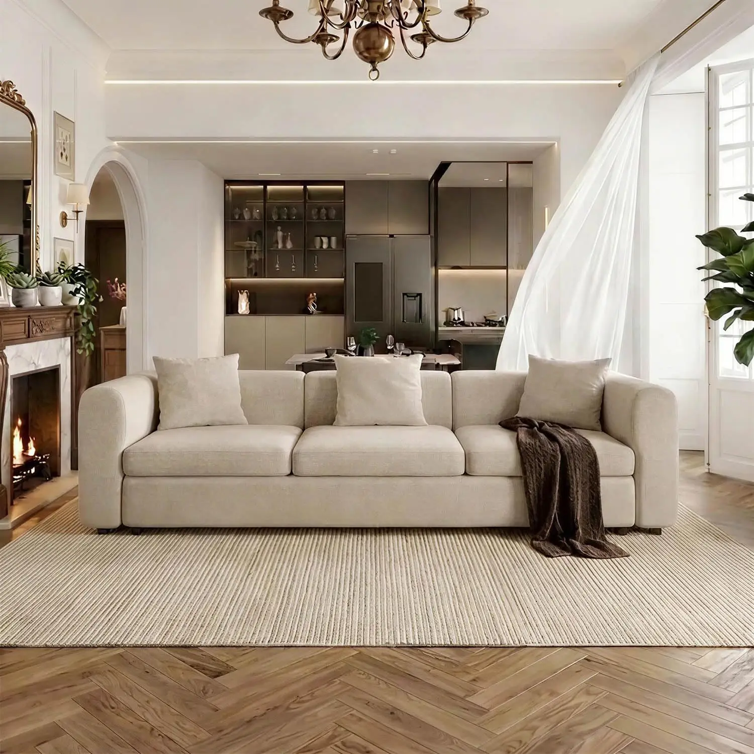 Extra Large 3-Seater Sectional Sofa, Convertible Soft Sofa Bed, Oversized Deep Seat For Living Room & Bedroom, Beige, Customized