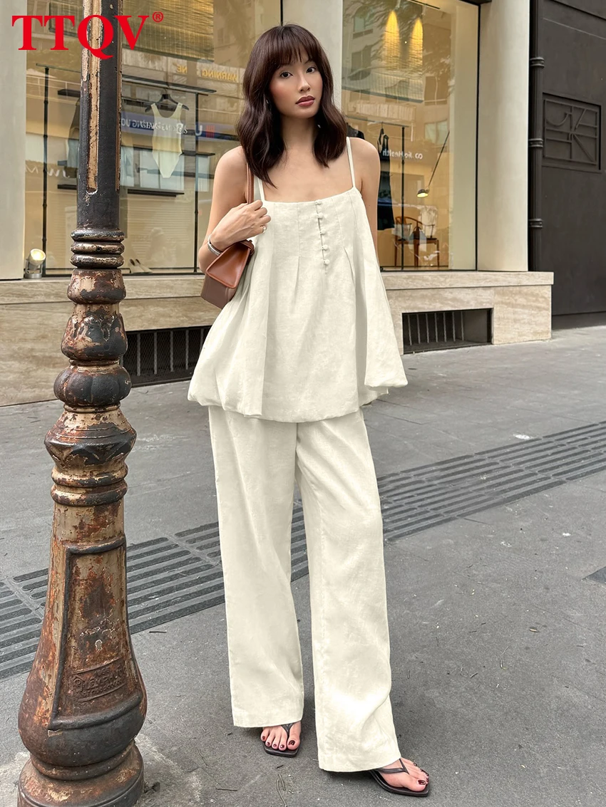 

TTQV Fashion Loose Beige Cotton Women's Two Pieces Set 2026 Summer Sleeveless Tank Top With High Waist Wide Pants Set Female