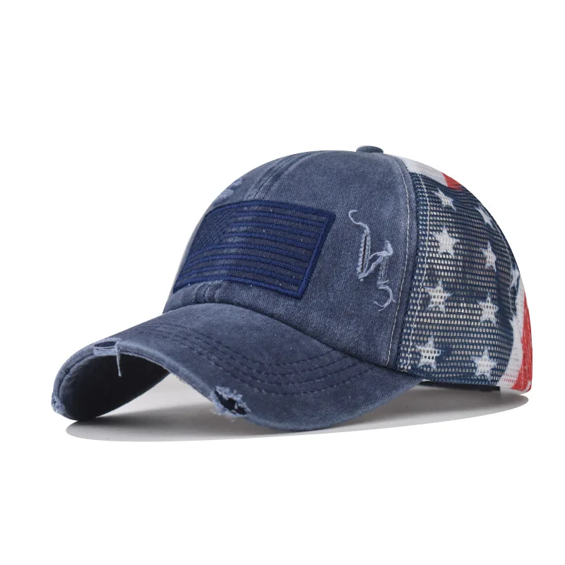 Baseball Cap Women's hats USA flag Independence Day Washed cap Summer hat Horsetail Mesh Hat Breathable hat Spring Autumn Cap