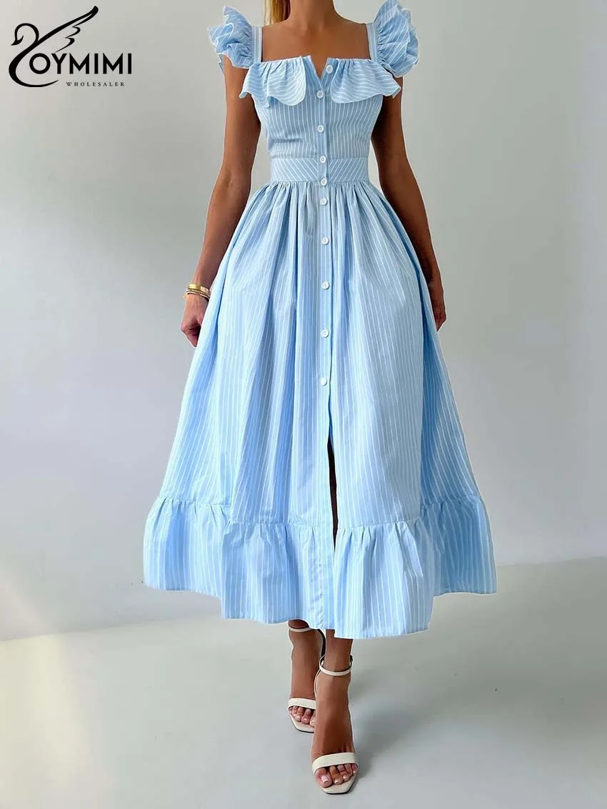 Oymimi Fashion Blue Print Women\'s Dress Elegant Slip Ruffled Open Back Square Collar Dresses Casual Button Pleated Midi Dresses