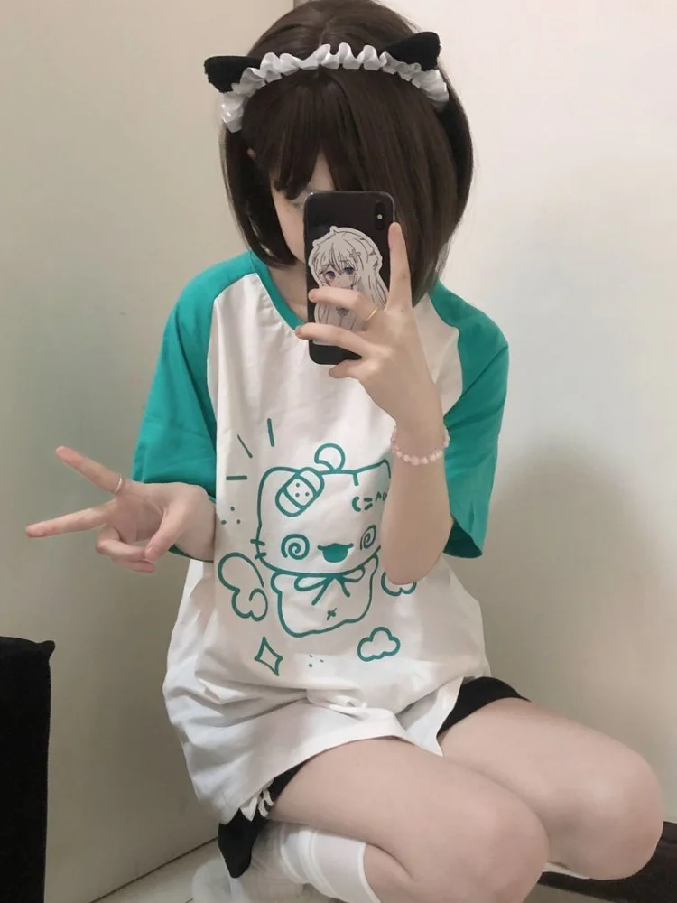 Y2k Aesthetic Summer Loose T-shirt 2024 Casual O Neck Japanese Kawaii Cartoon Top Women Short Sleeve Fashion Sweet Harajuku Tees