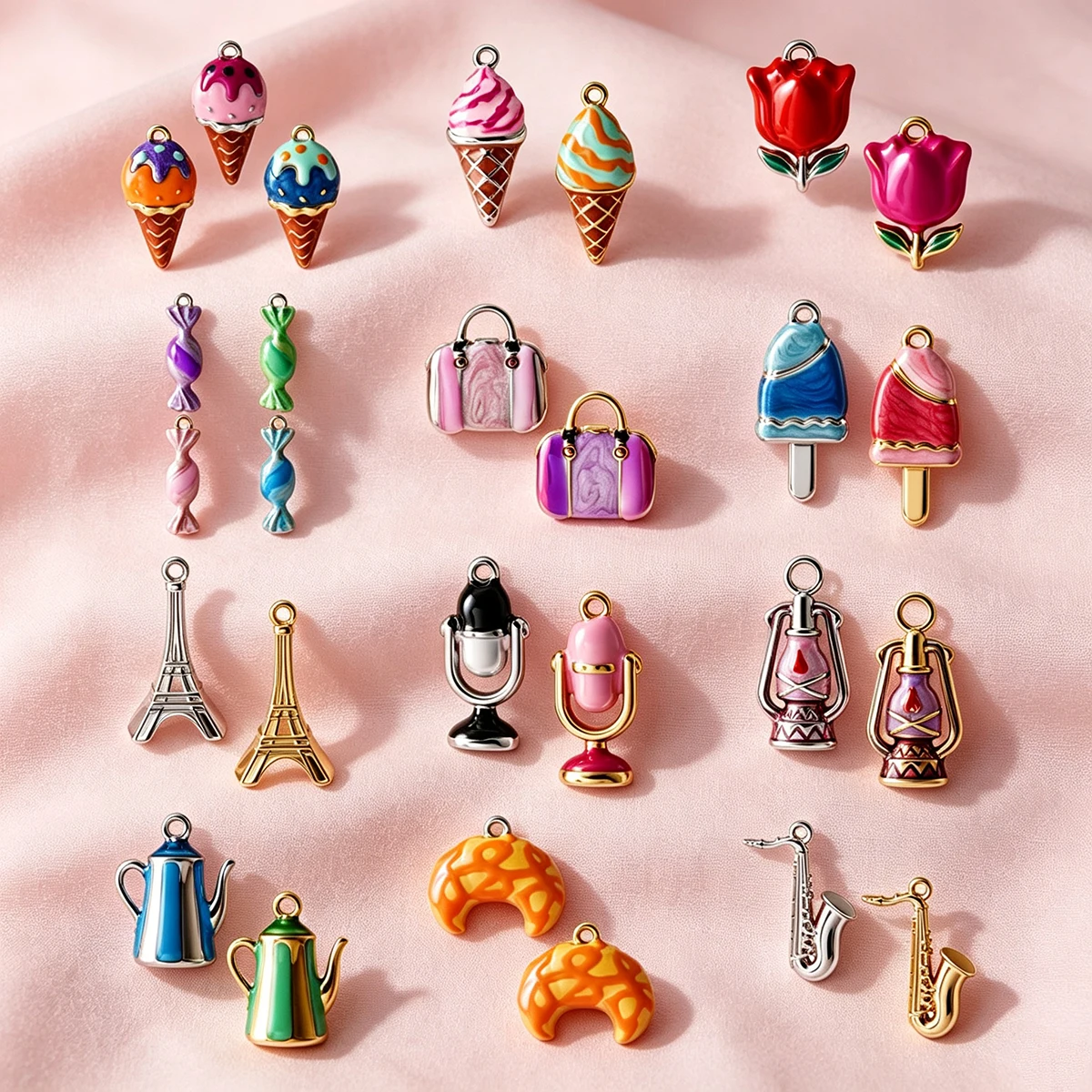 3pcs Rose Croissant Ice Cream Candy 316L Stainless Steel Charms Trolley Case Bag Lamp Microphone Necklace Pendants Jewelry Bulk