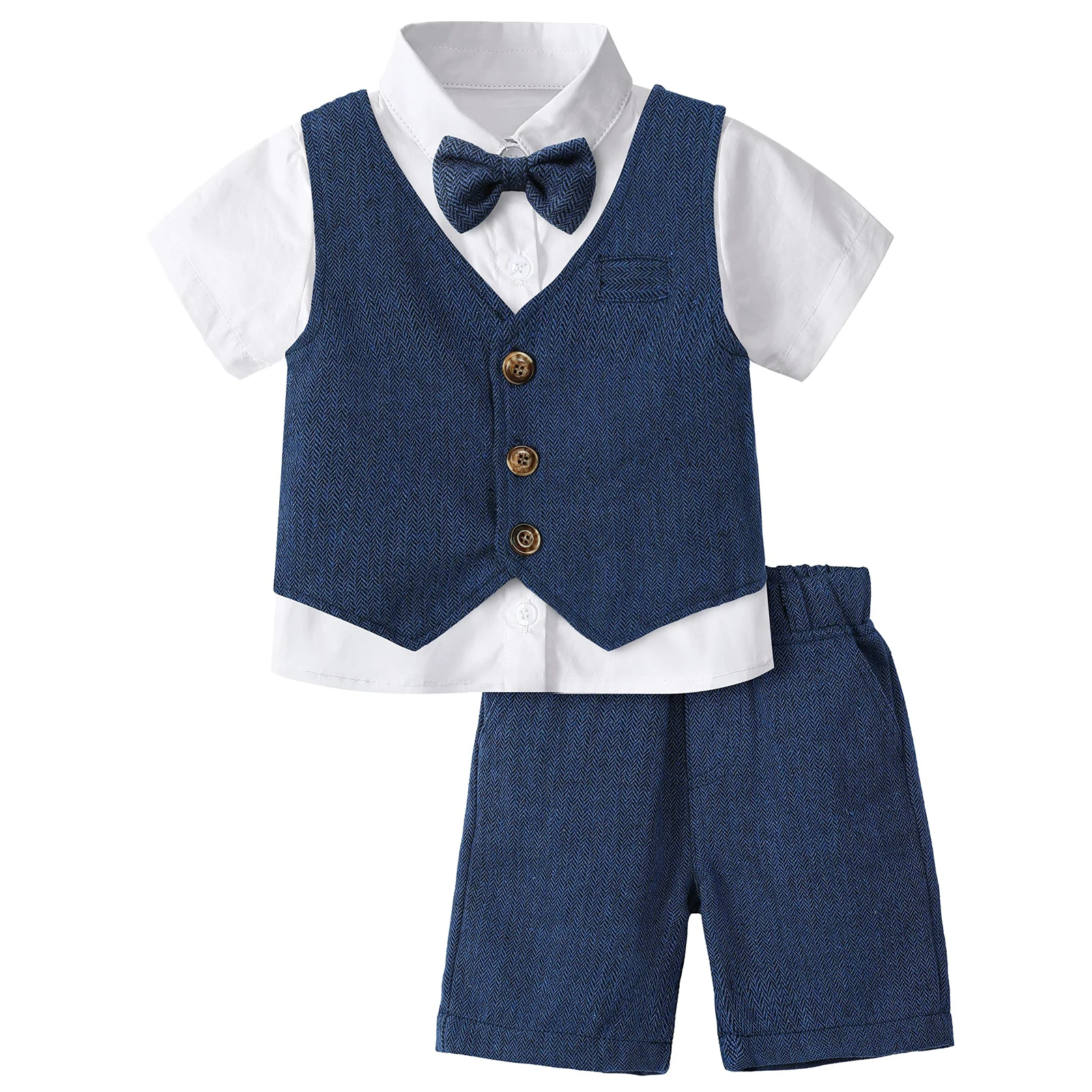 3PCS Baby Kids Boys Clothing Sets Child Wedding Formal Suit Outfit Toddler Summer White Shirt with Bow Tie+Vest+Shorts Costumes