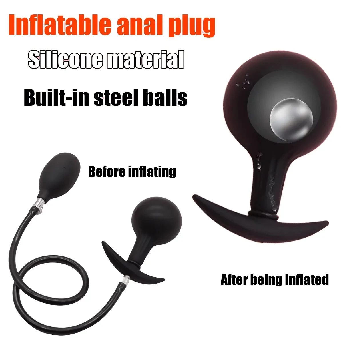 Black Silicone Inflatable Butt Plug with Pump Weighted Steel Balls Anal Stretcher Expandable Prostate Massager Adult Sex Toy - view 2
