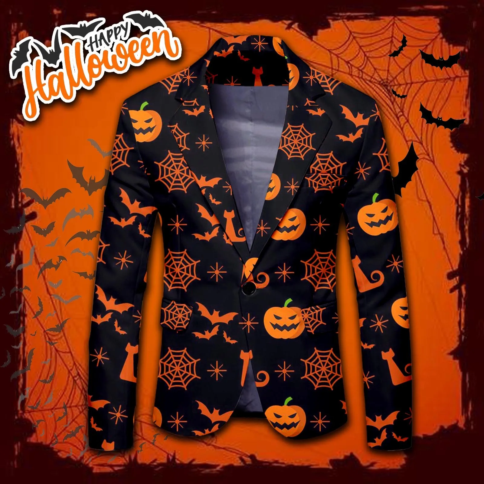 Halloween Theme Pumpkin Print One Button Suit Autumn Long Sleeved Cosplay Jacket Casaul Lapel Neck Pocket Blazer for Men