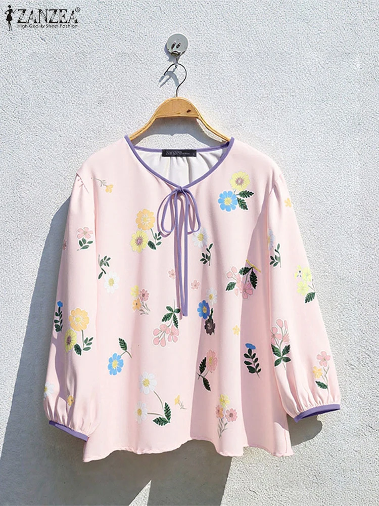 ZANZEA Women ashion Long Sleeve Blouse 2025 Autumn Puff Sleeve Floral Print Casual Shirts Tunic Tops Bandage Vintage Blusas